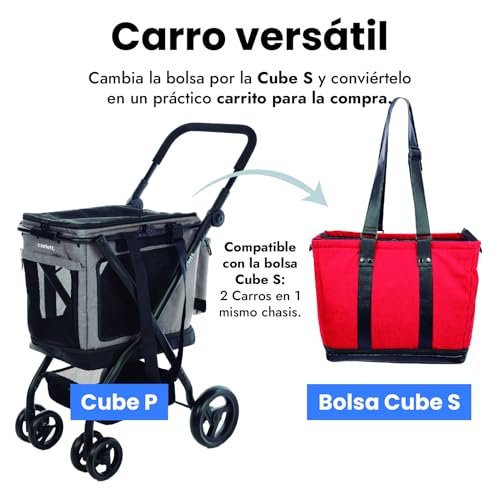 Carlett - Cube P Volcano | Carrito de Transporte 3 en 1 para Mascotas | Transportín con Ruedas | Freno de Seguridad | Impermeable | Combinable con Bolsa de Compra | Negro