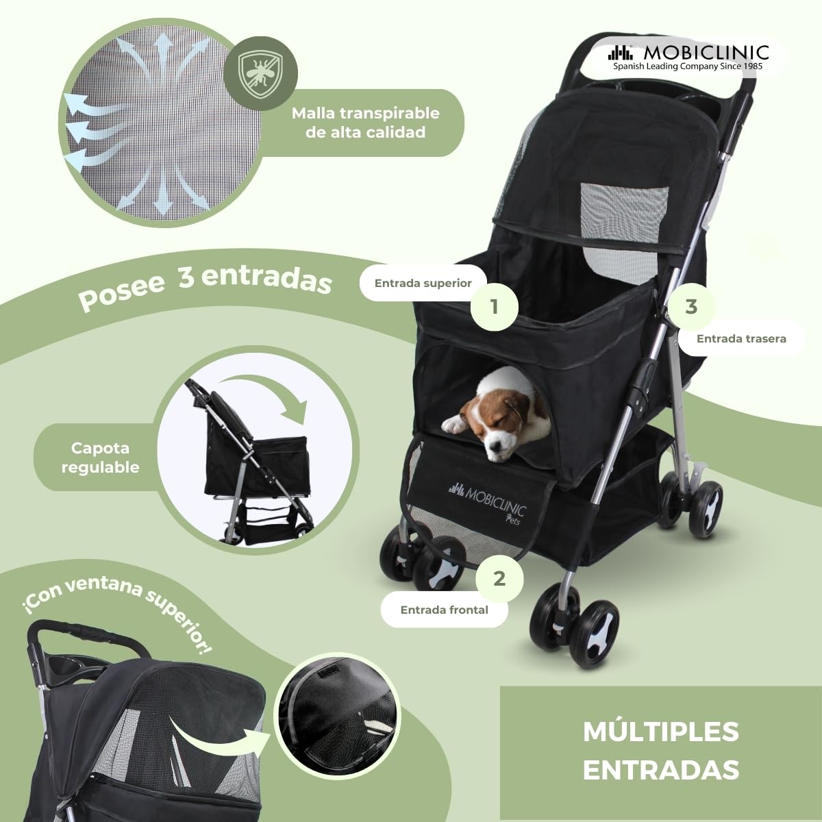 Mobiclinic® pets, Carrito para perros plegable, Ideal pequeños y senior, Zuma, Hasta 15 kg, Ruedas con frenos 360º, Cesta xxl, 3 ventanas cremallera mosquitera, Portavasos, Negro