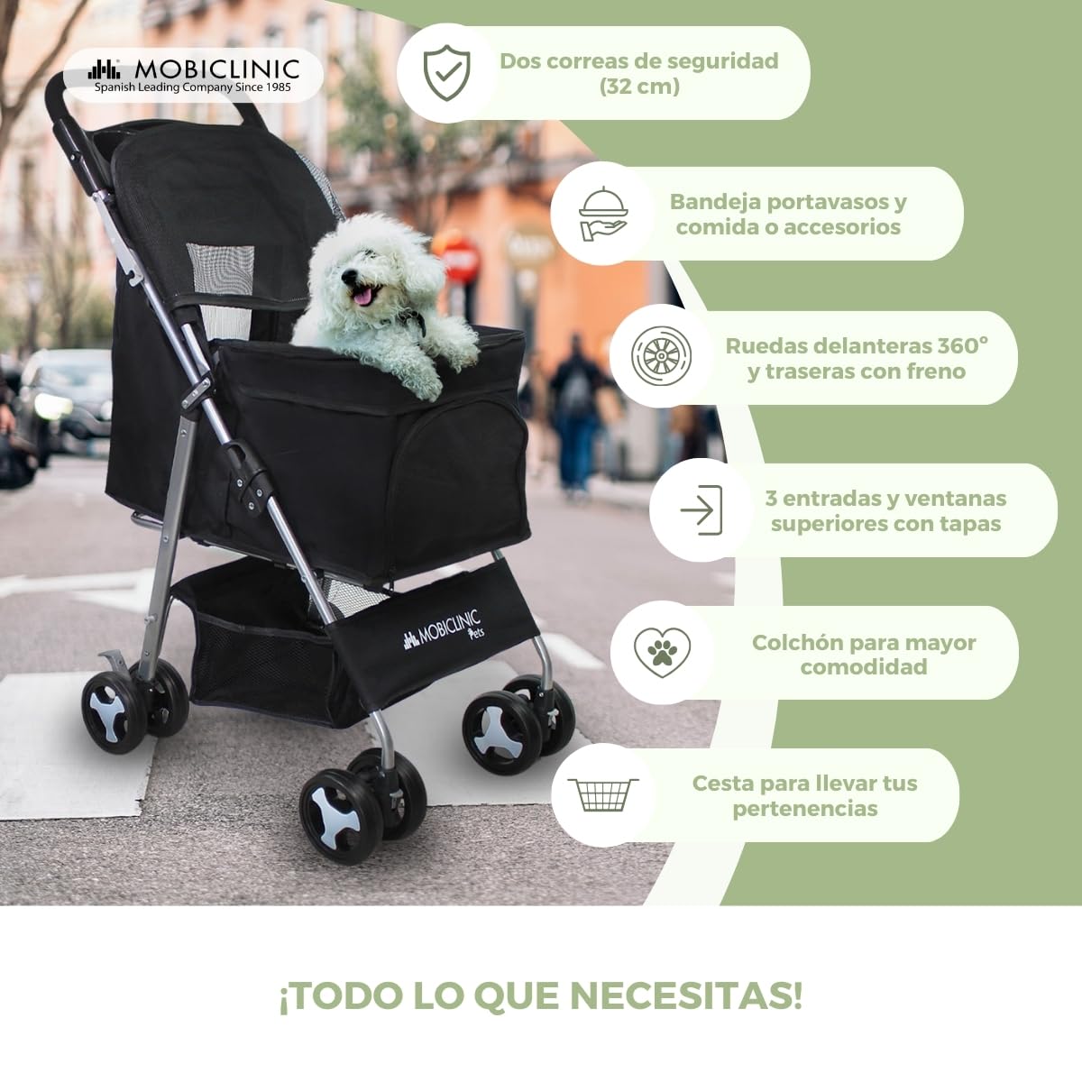 Mobiclinic® pets, Carrito para perros plegable, Ideal pequeños y senior, Zuma, Hasta 15 kg, Ruedas con frenos 360º, Cesta xxl, 3 ventanas cremallera mosquitera, Portavasos, Negro