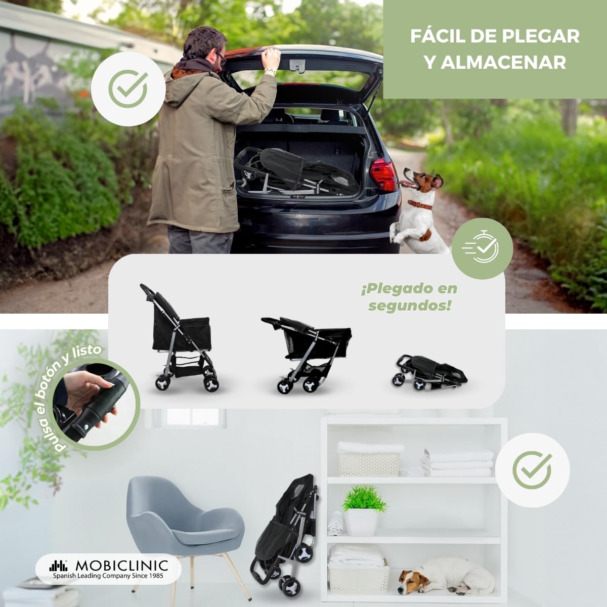 Mobiclinic® pets, Carrito para perros plegable, Ideal pequeños y senior, Zuma, Hasta 15 kg, Ruedas con frenos 360º, Cesta xxl, 3 ventanas cremallera mosquitera, Portavasos, Negro
