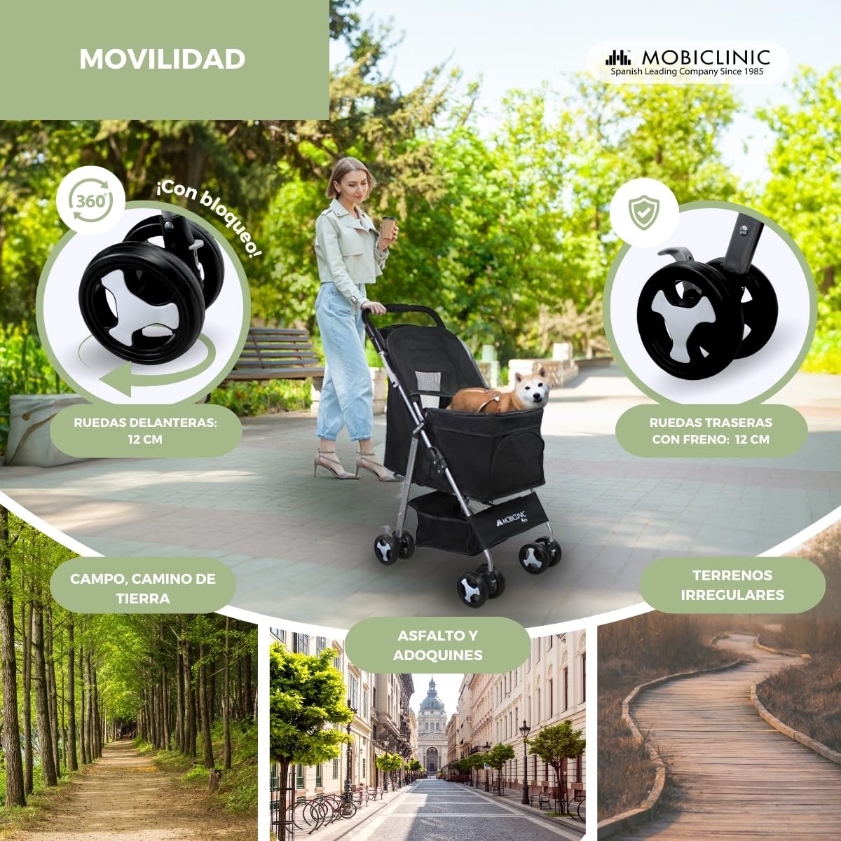 Mobiclinic® pets, Carrito para perros plegable, Ideal pequeños y senior, Zuma, Hasta 15 kg, Ruedas con frenos 360º, Cesta xxl, 3 ventanas cremallera mosquitera, Portavasos, Negro