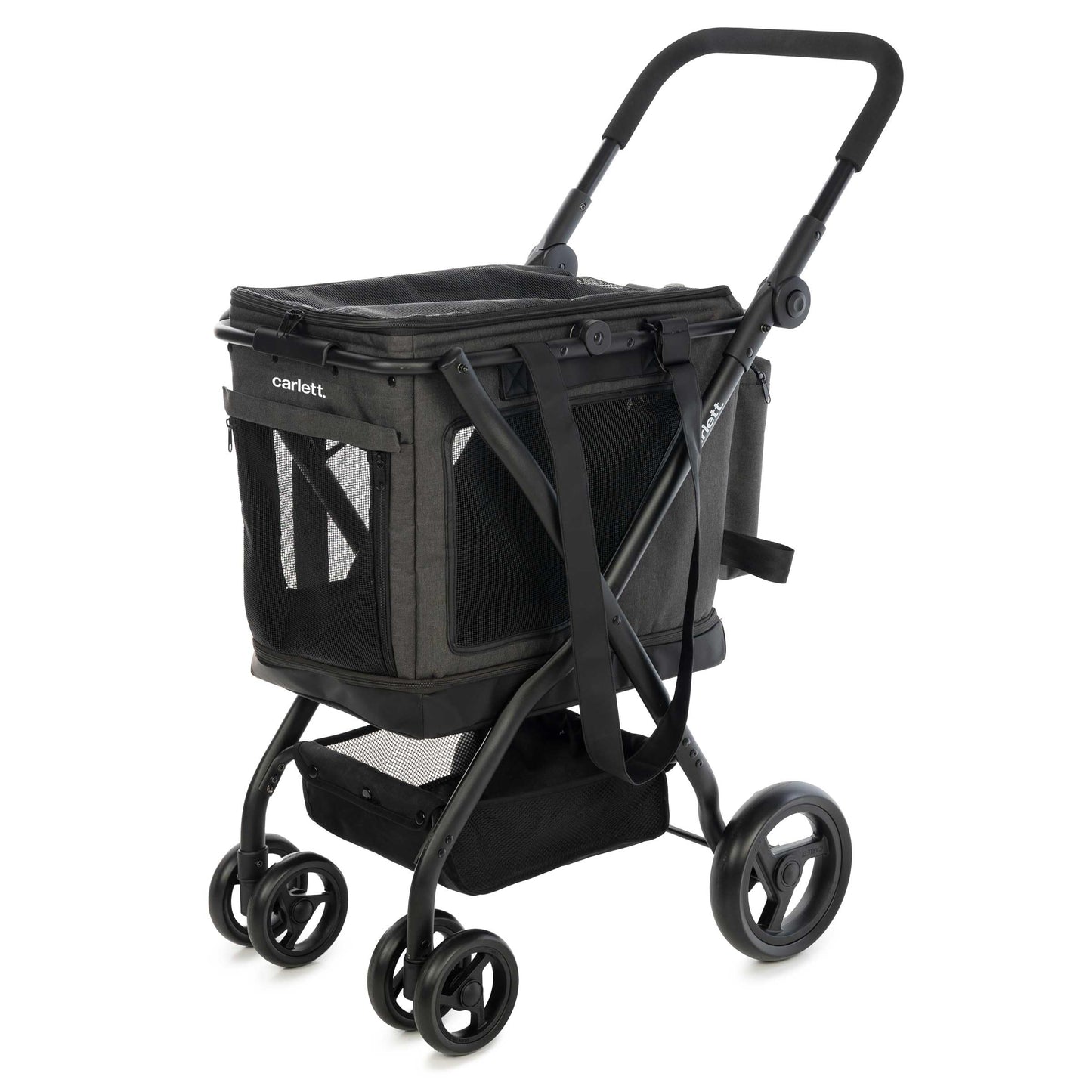 Carlett - Cube P Volcano | Carrito de Transporte 3 en 1 para Mascotas | Transportín con Ruedas | Freno de Seguridad | Impermeable | Combinable con Bolsa de Compra | Negro