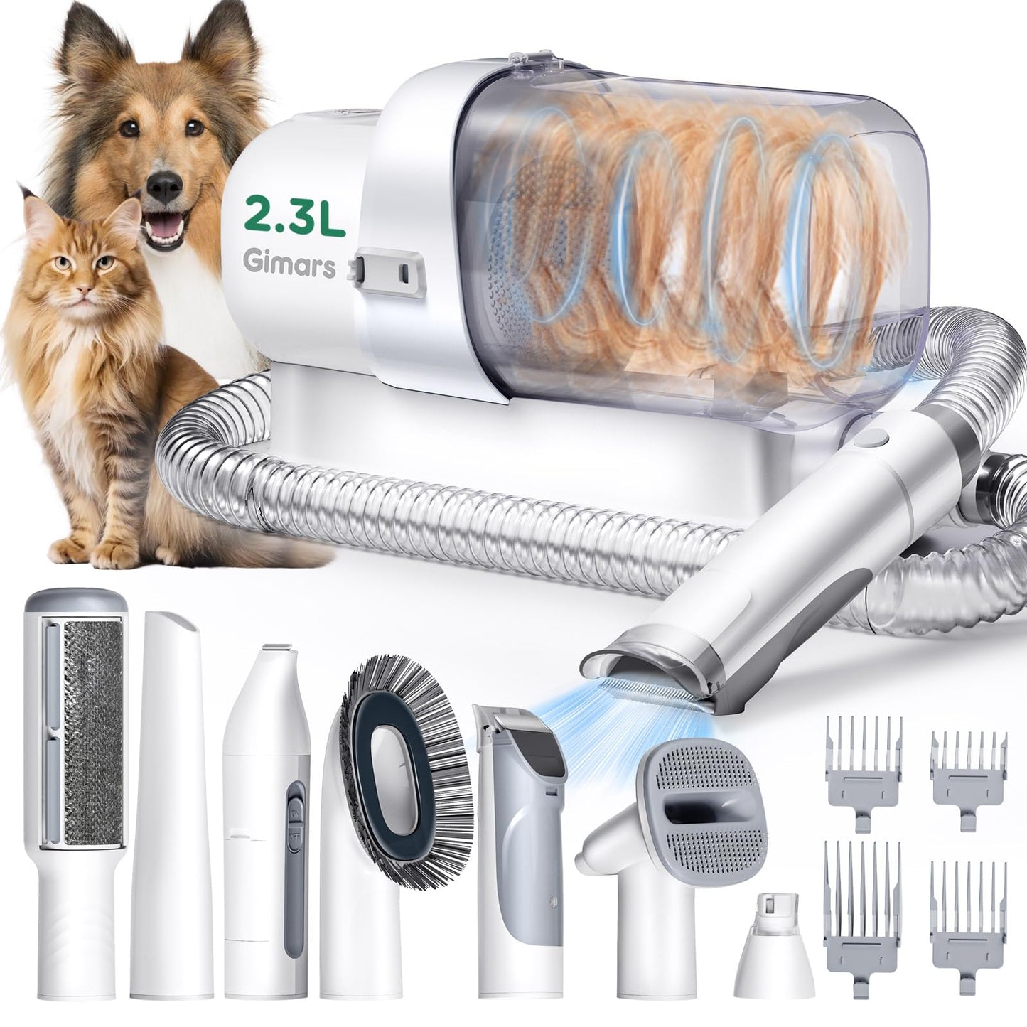 Gimars 2,3L Cortapelos Perros con aspiradora de pelo, kit de cuidado de mascotas ultraligero con 12.000 Pa Super Succión, Cortapelos para mascotas con 7 herramientas de cuidado