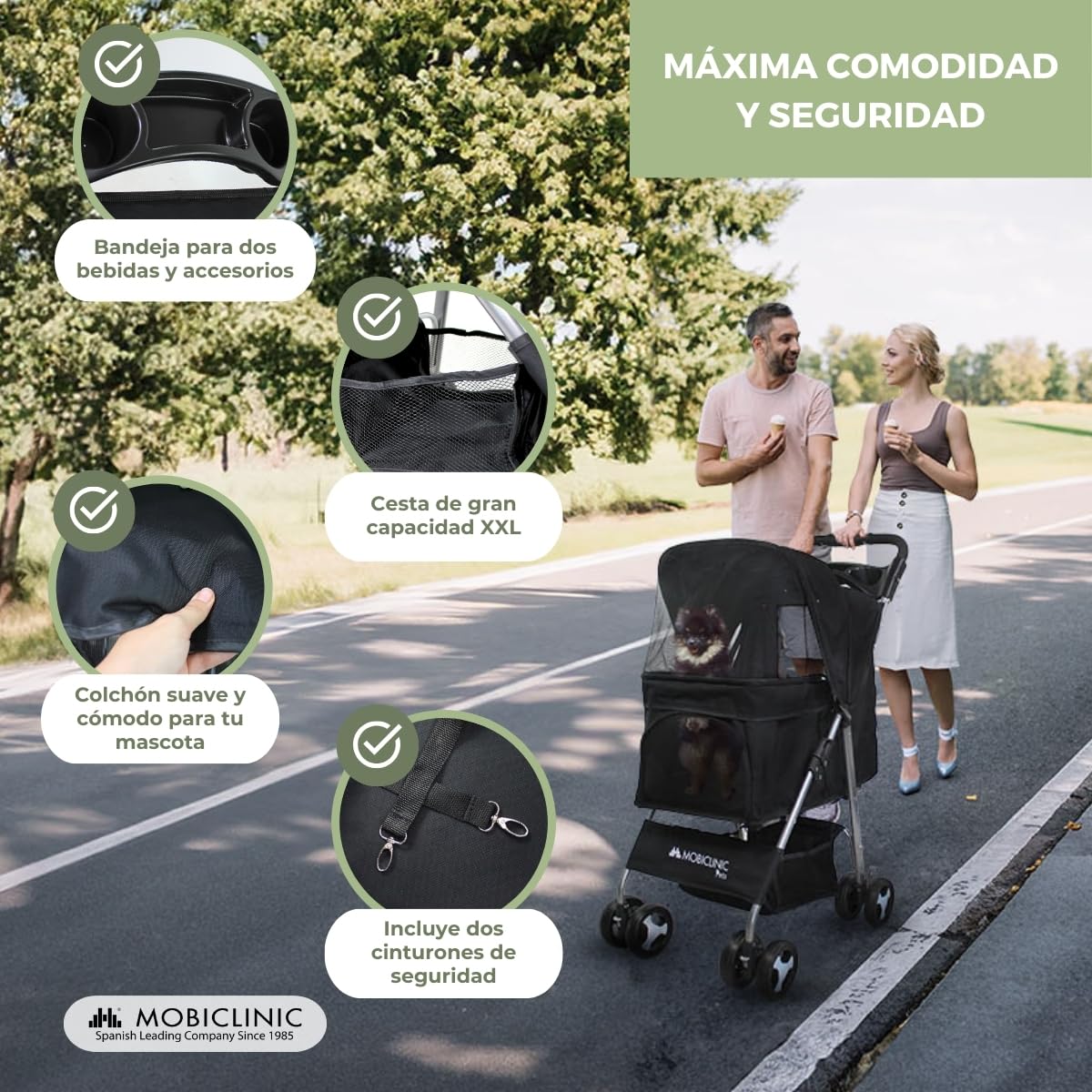Mobiclinic® pets, Carrito para perros plegable, Ideal pequeños y senior, Zuma, Hasta 15 kg, Ruedas con frenos 360º, Cesta xxl, 3 ventanas cremallera mosquitera, Portavasos, Negro