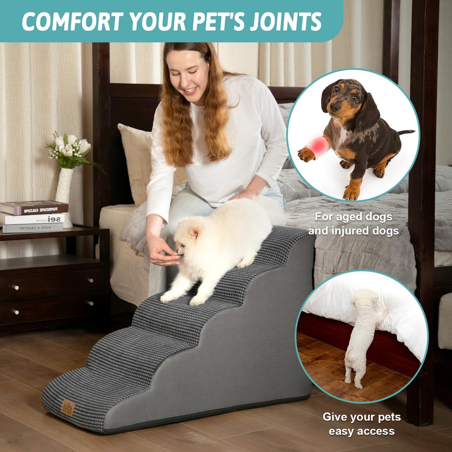 COZY KISS Escalera para Perros Pequeños, Escaleras para Mascotas de Espuma para Cama y sofá, Rampa para Gatos con Funda Lavable y Fondo Antideslizante, Ligera, 40x84x57cm, 5 Peldaños, Gris Oscuro