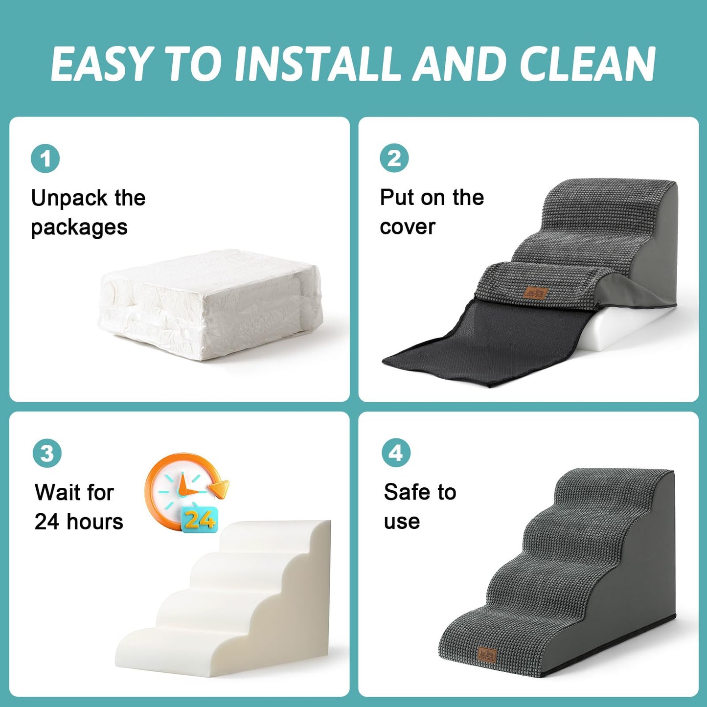 COZY KISS Escalera para Perros Pequeños, Escaleras para Mascotas de Espuma para Cama y sofá, Rampa para Gatos con Funda Lavable y Fondo Antideslizante, Ligera, 40x84x57cm, 5 Peldaños, Gris Oscuro