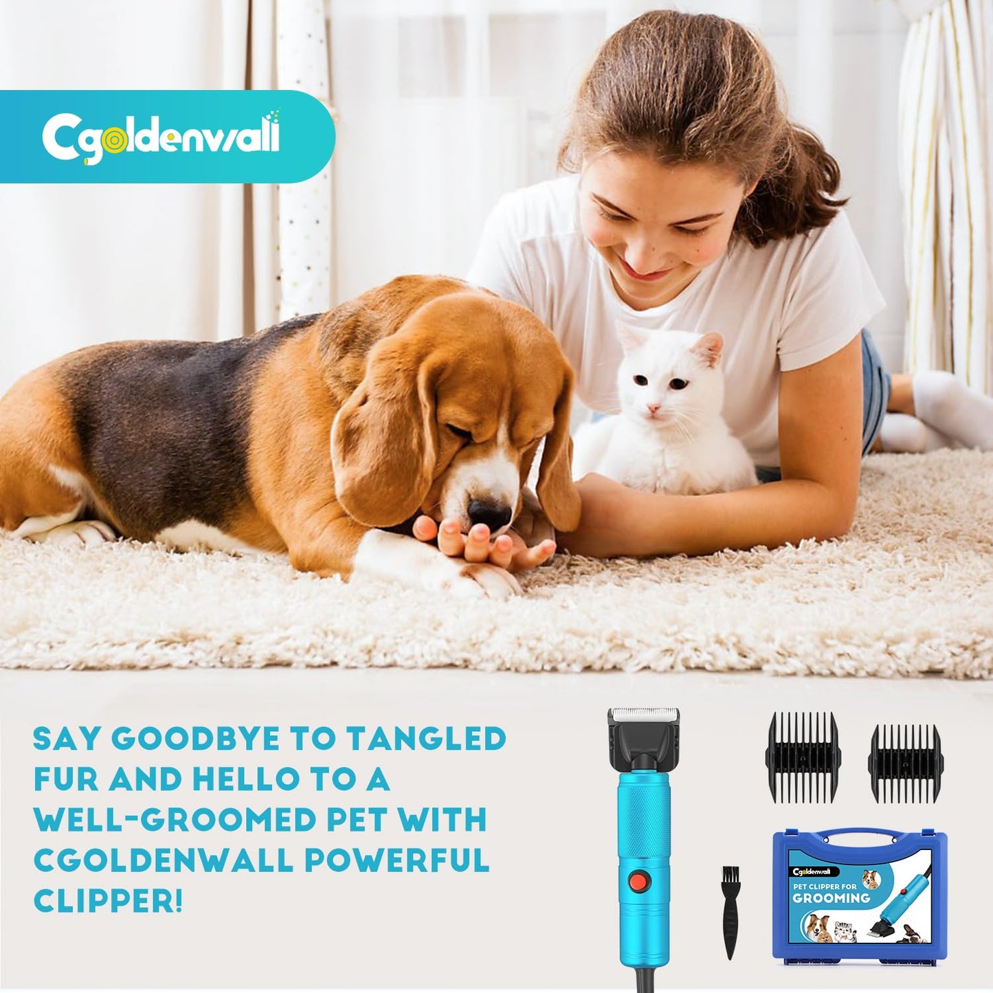 CGOLDENWALL Cortapelos para Perros 280W, 2000-6000RPM Control de Velocidad Continuo, Bajo Nivel de Ruido< 50DB, Ideal para Mascotas de Todo Tipo de Pelaje, Con 2 Cuchillas& 2 Peines (3/6mm, 9/12mm)