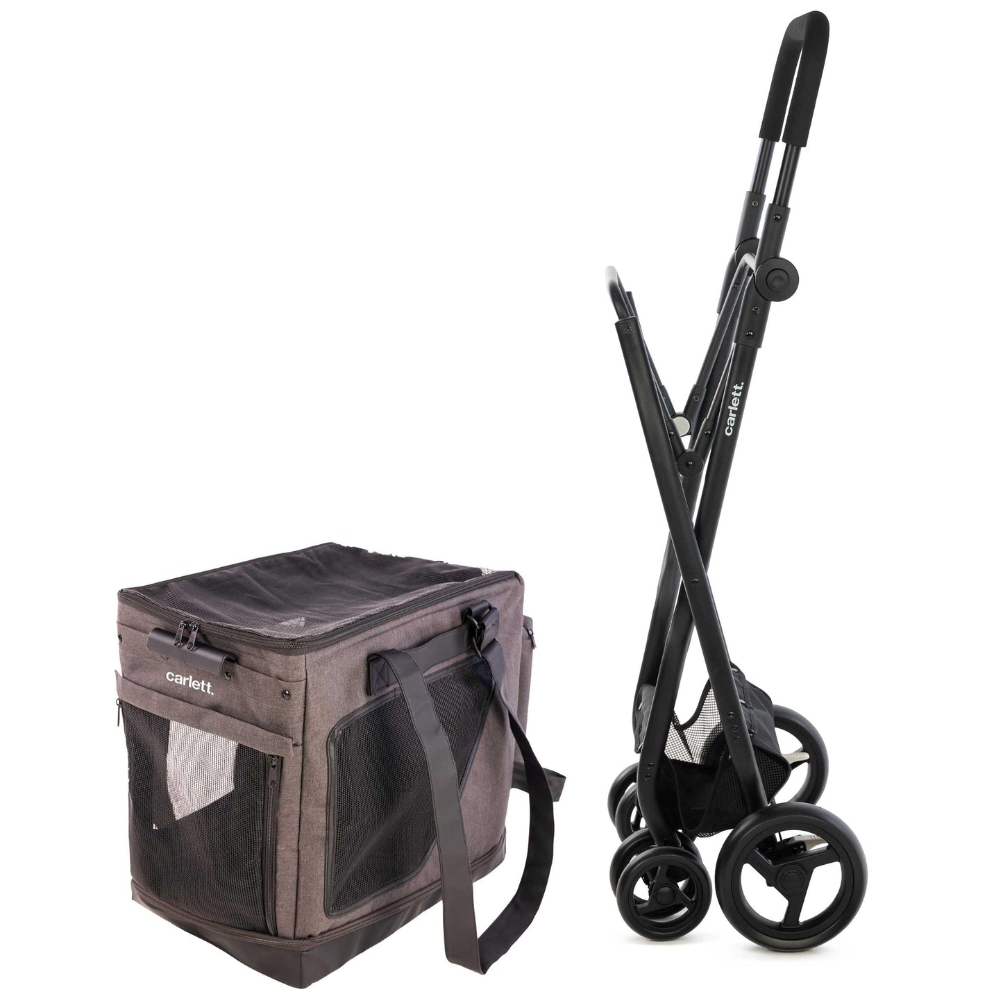 Carlett - Cube P Volcano | Carrito de Transporte 3 en 1 para Mascotas | Transportín con Ruedas | Freno de Seguridad | Impermeable | Combinable con Bolsa de Compra | Negro