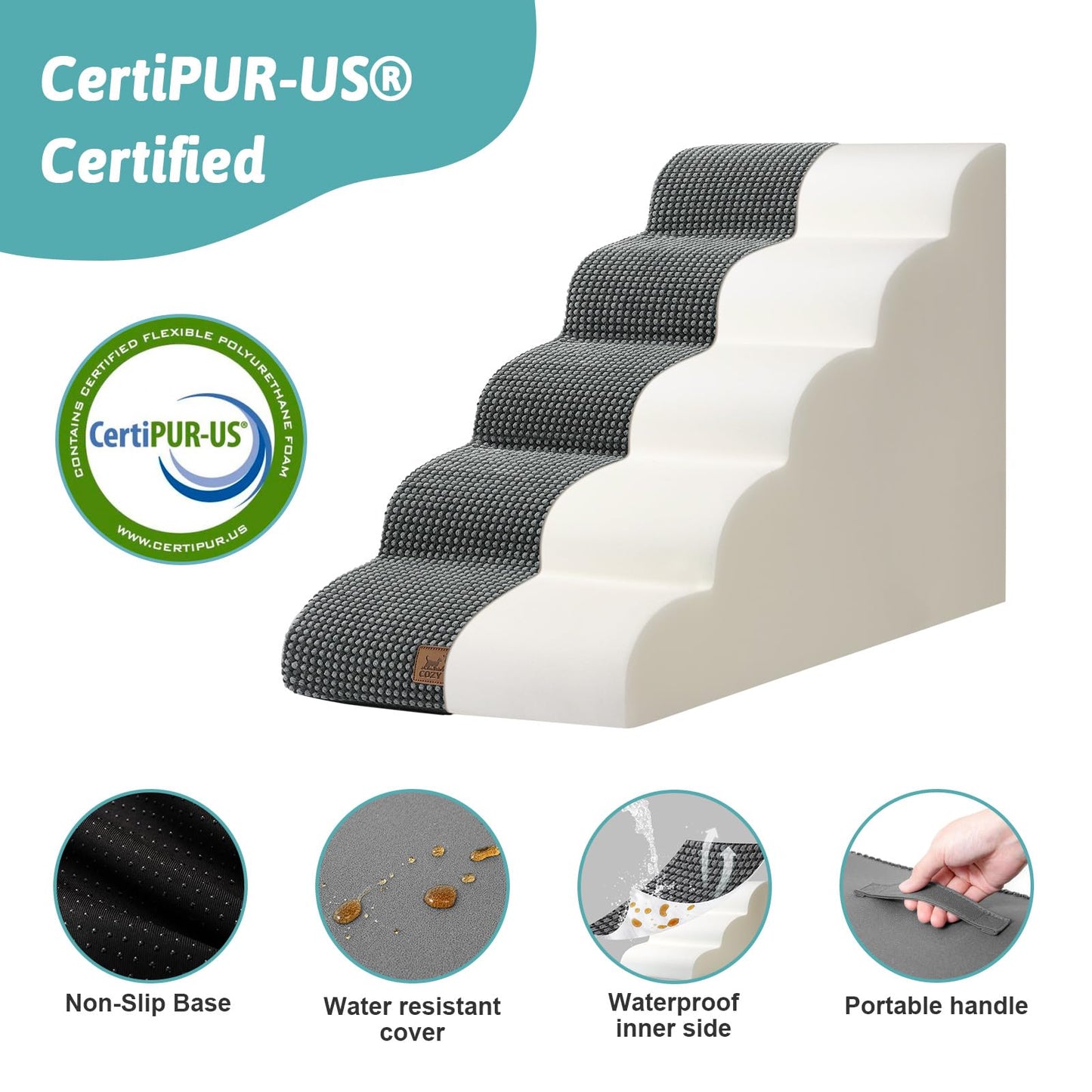 COZY KISS Escalera para Perros Pequeños, Escaleras para Mascotas de Espuma para Cama y sofá, Rampa para Gatos con Funda Lavable y Fondo Antideslizante, Ligera, 40x84x57cm, 5 Peldaños, Gris Oscuro