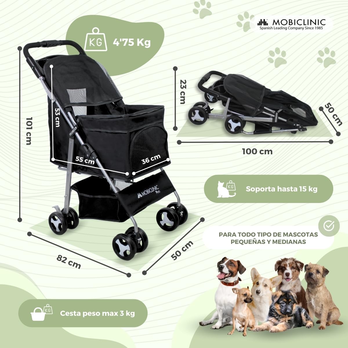 Mobiclinic® pets, Carrito para perros plegable, Ideal pequeños y senior, Zuma, Hasta 15 kg, Ruedas con frenos 360º, Cesta xxl, 3 ventanas cremallera mosquitera, Portavasos, Negro