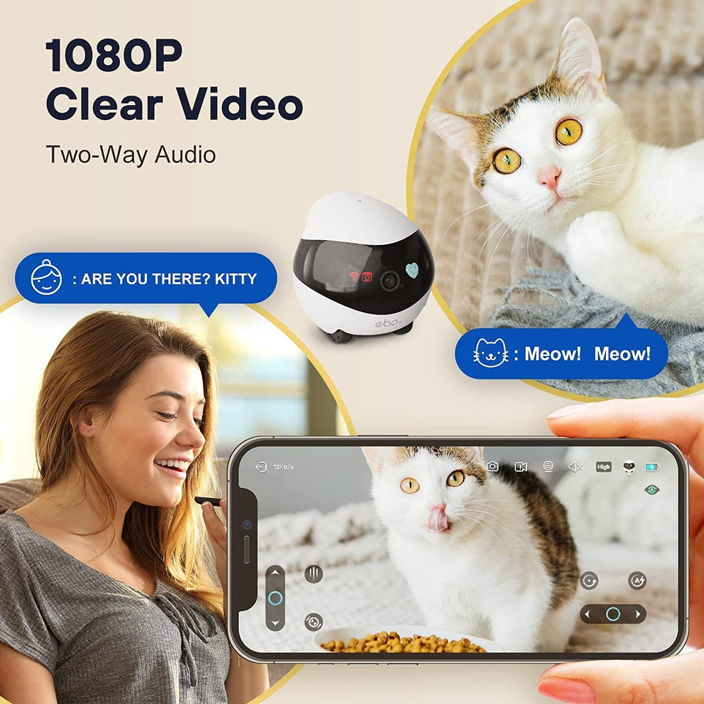 Enabot EBO SE Cámara para Perros con Aplicación,1080P Cámara para Mascotas,Cámara de Vigilancia Interior con Audio Bidireccional,Visión Nocturna,Detección de Movimiento,Modo de Privacidad