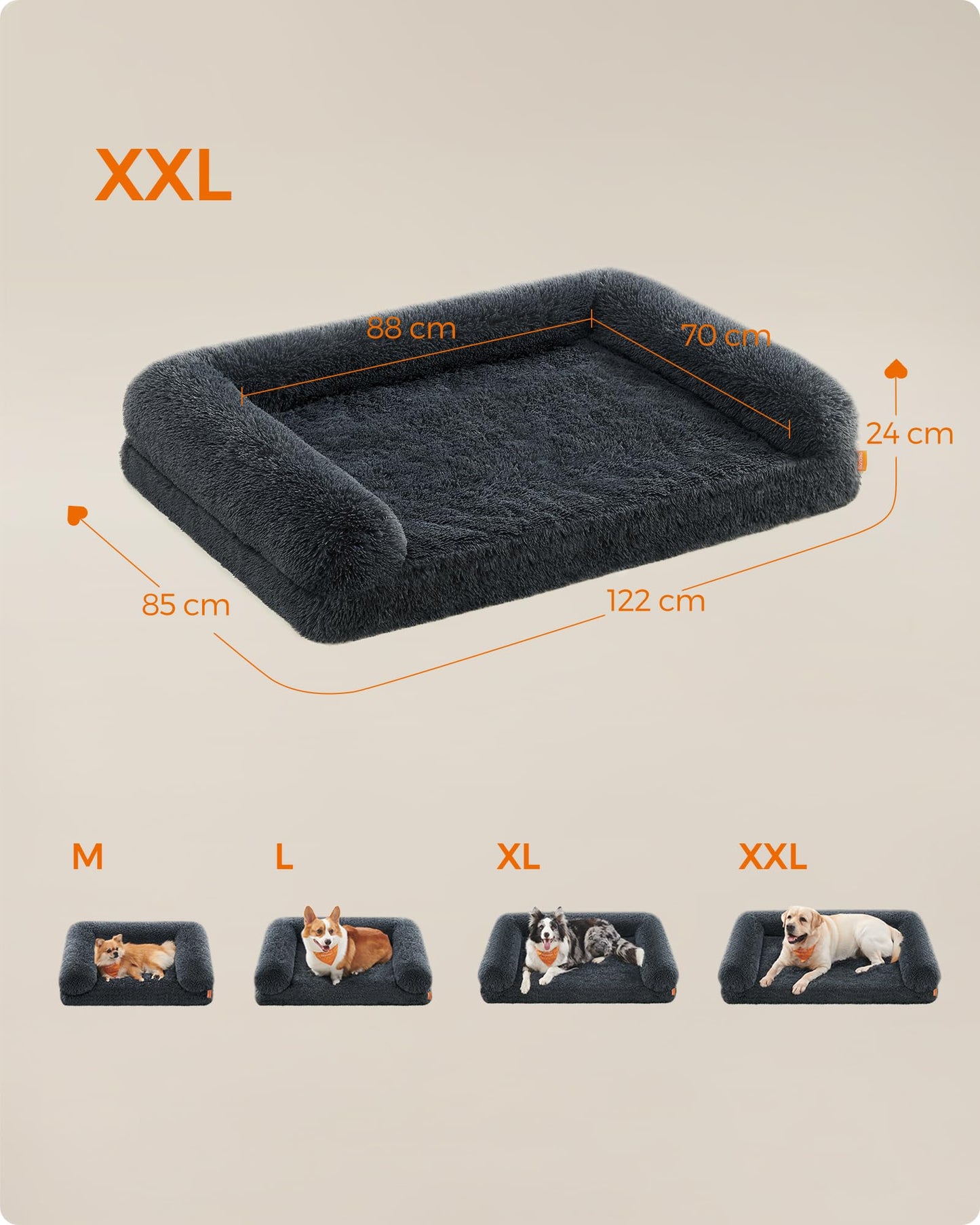 Feandrea FluffyHug Cama para Perros, XXL Sofá para Perros Grandes, Cama para Mascotas de Espuma con Funda Lavable Extraíble, 122 x 85 x 24 cm, Gris Oscuro PGW234G02