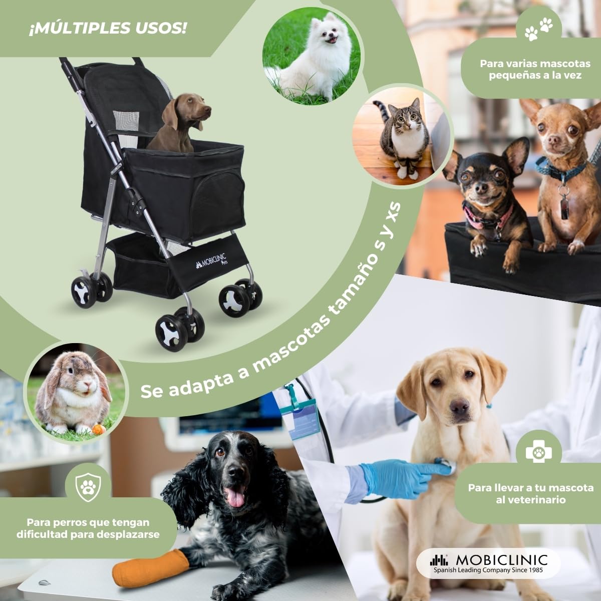 Mobiclinic® pets, Carrito para perros plegable, Ideal pequeños y senior, Zuma, Hasta 15 kg, Ruedas con frenos 360º, Cesta xxl, 3 ventanas cremallera mosquitera, Portavasos, Negro