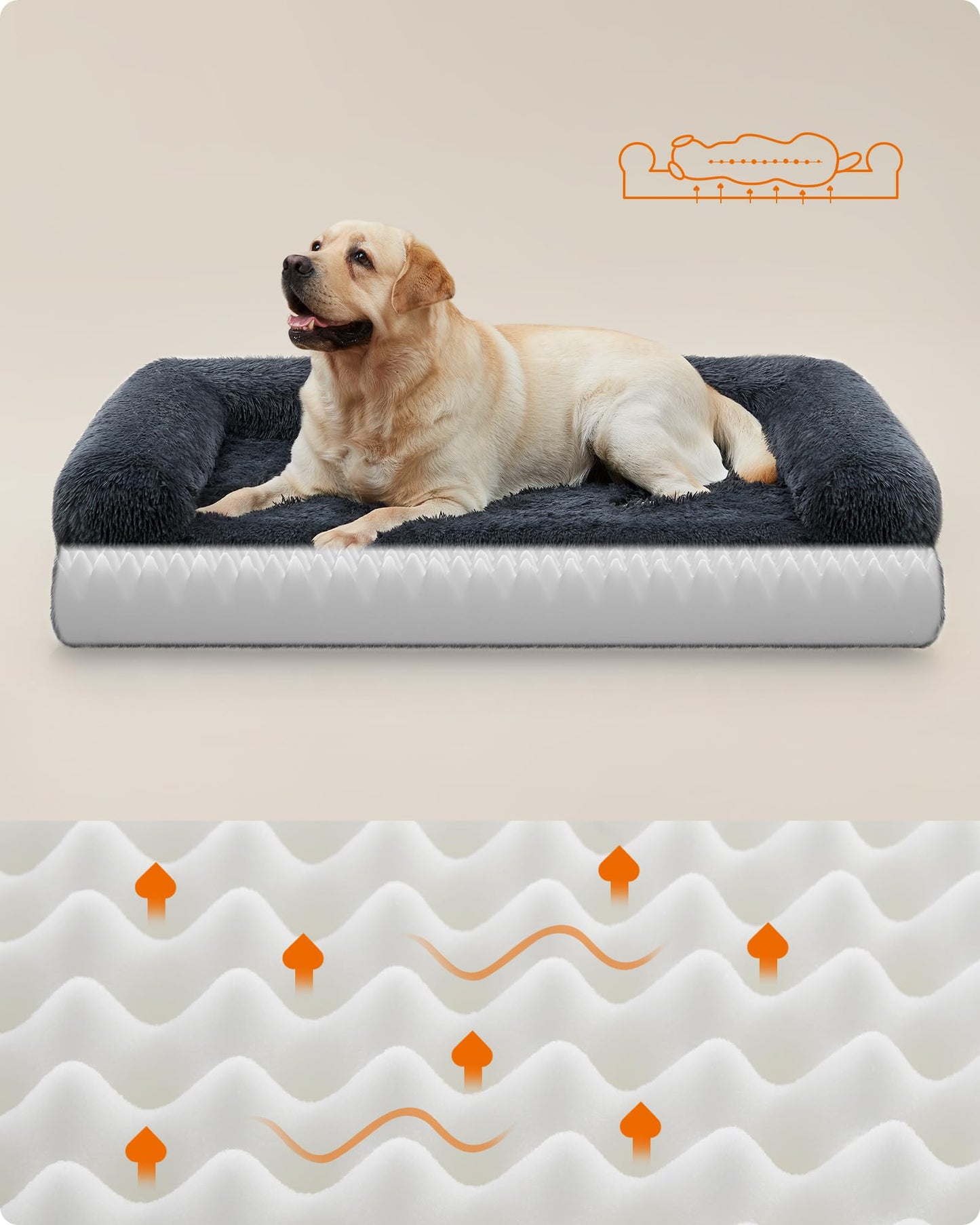 Feandrea FluffyHug Cama para Perros, XXL Sofá para Perros Grandes, Cama para Mascotas de Espuma con Funda Lavable Extraíble, 122 x 85 x 24 cm, Gris Oscuro PGW234G02