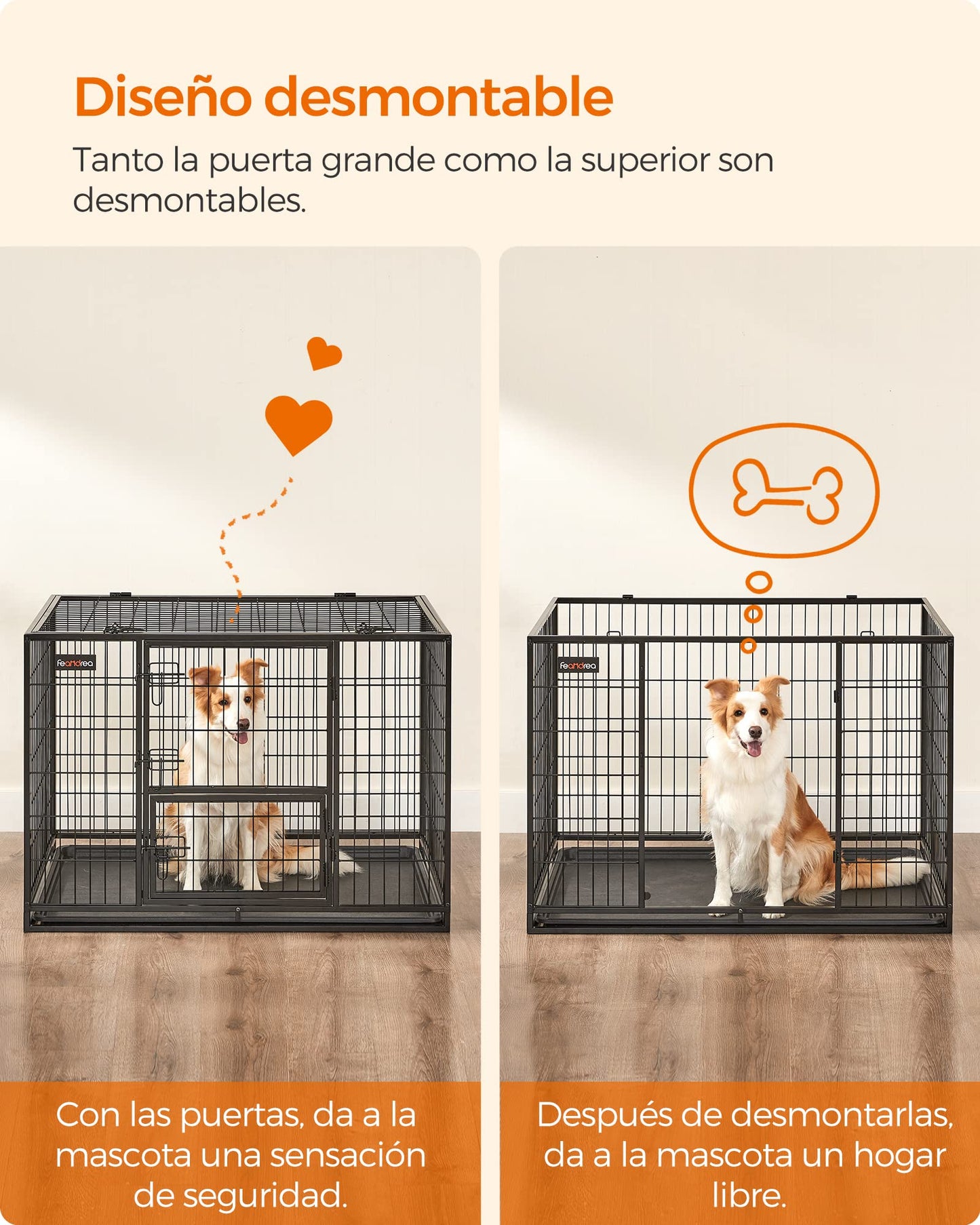 Feandrea Jaula Pesada para Perros, Jaula de Mascotas, 107 x 70 x 75 cm, para Perros Medios y Grandes, Antiescape, Doble Puerta Extraíble, Parque, XL, Negro PPD001B01