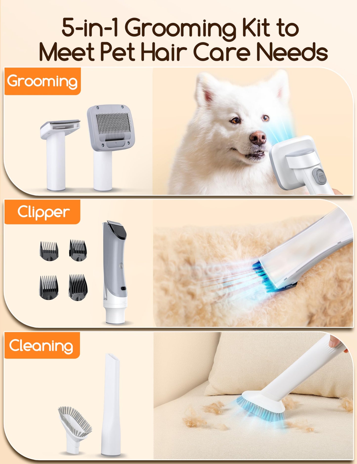 Meowant Maquina Cortar Pelo Perros, 3.2L Aspiradora de Pelo de Perro, Cortapelos Perros Profesional, 5 Herramientas de Aseo, Aspiradora Pelo Perro, Succión de Nivel 3