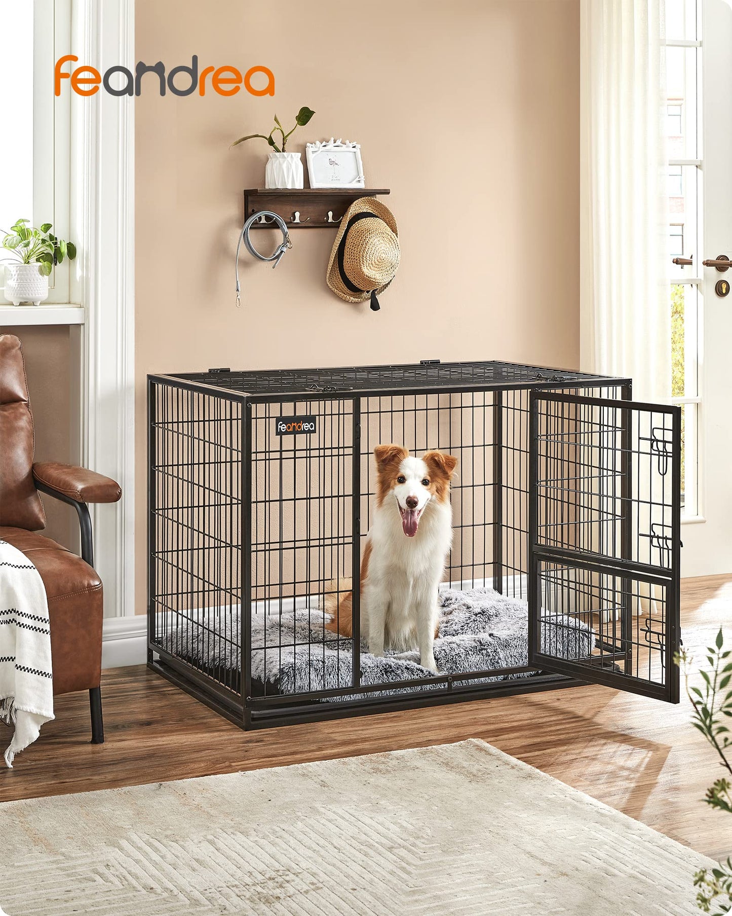 Feandrea Jaula Pesada para Perros, Jaula de Mascotas, 107 x 70 x 75 cm, para Perros Medios y Grandes, Antiescape, Doble Puerta Extraíble, Parque, XL, Negro PPD001B01