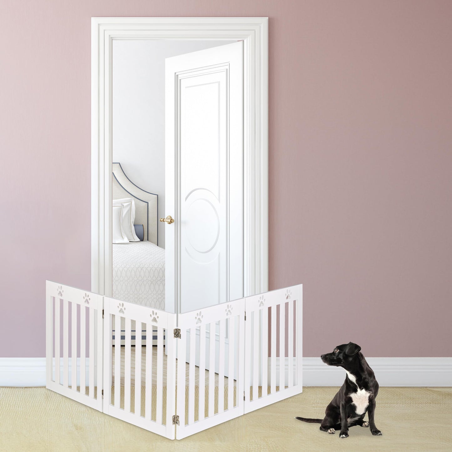 Relaxdays Barrera de Seguridad para Mascotas Plegable, Valla Protectora sin Taladro, 60 x 204 cm, MDF, Blanco, Bambú