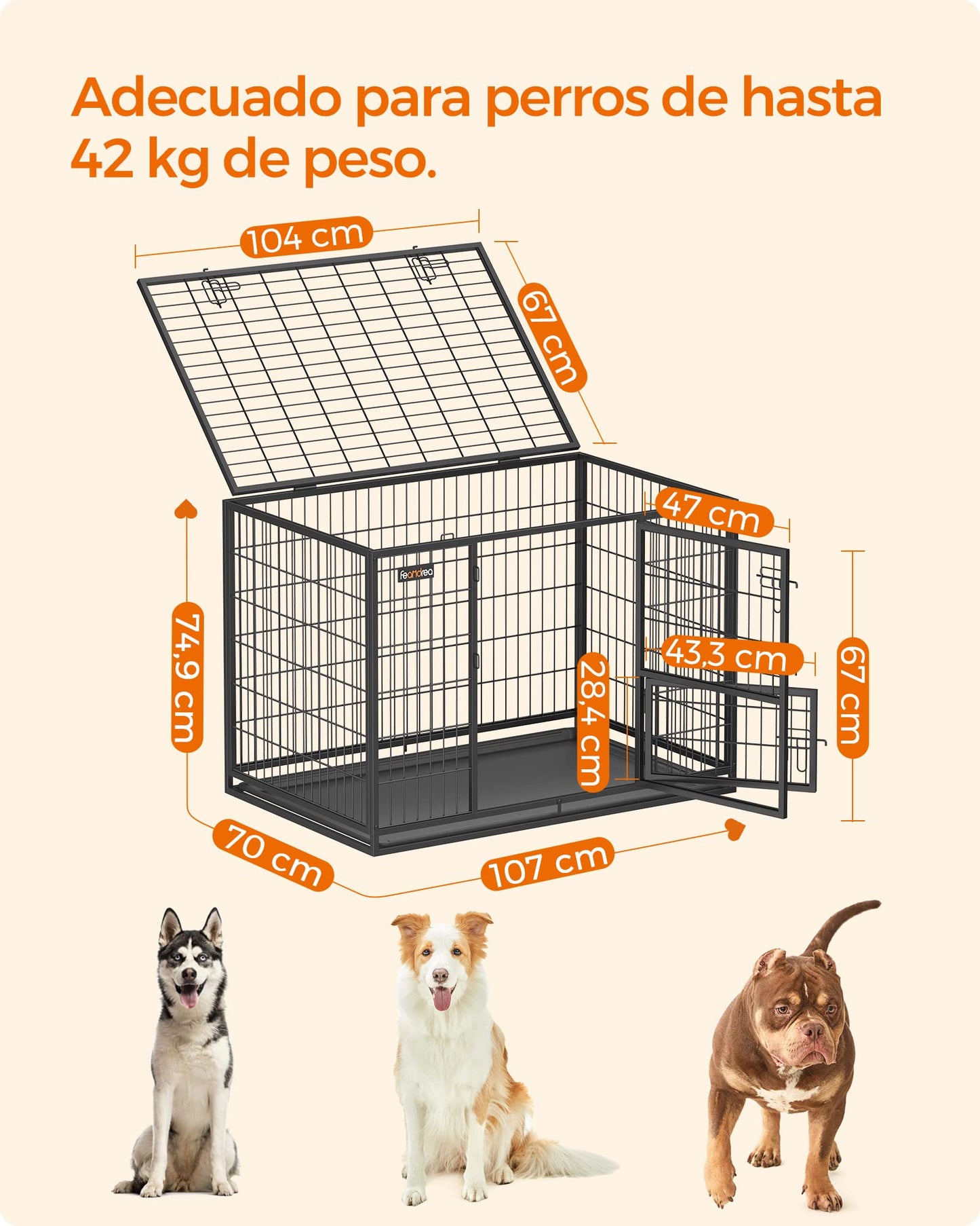 Feandrea Jaula Pesada para Perros, Jaula de Mascotas, 107 x 70 x 75 cm, para Perros Medios y Grandes, Antiescape, Doble Puerta Extraíble, Parque, XL, Negro PPD001B01