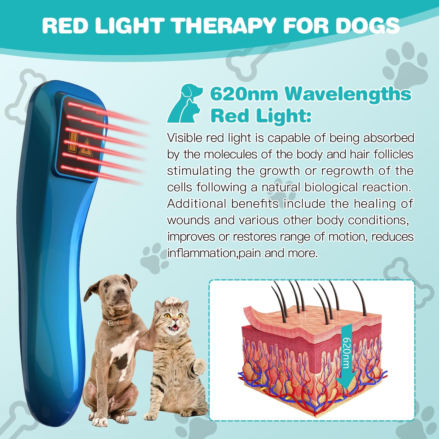 Terapia láser para perros, dispositivo de terapia de luz roja portátil con 18 x 620 nm para músculos de mascotas, cadera y artritis articular, alivio del dolor, cuidado de heridas, problemas