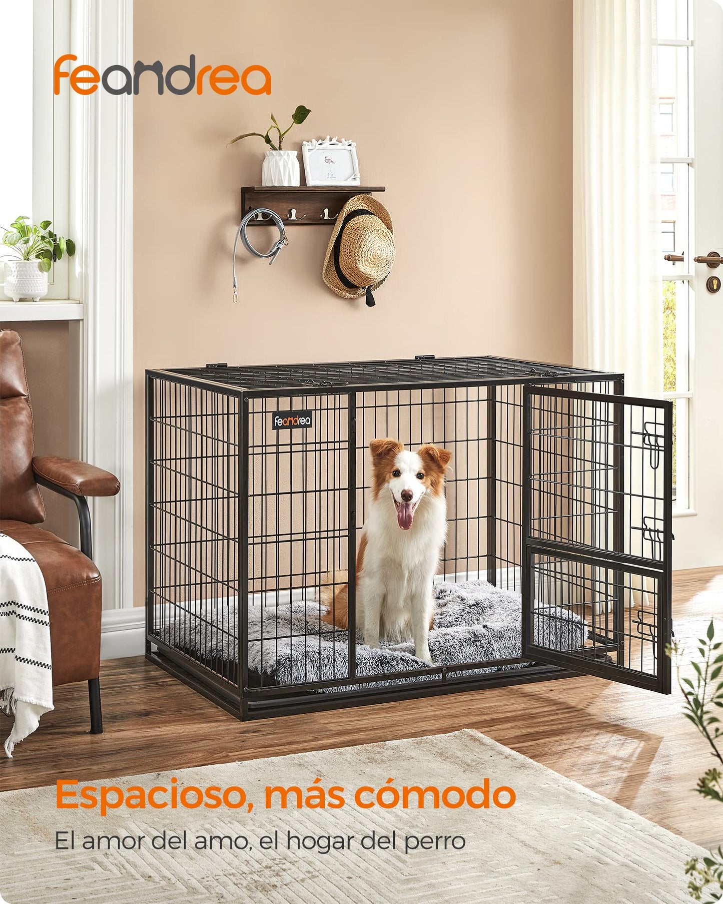 Feandrea Jaula Pesada para Perros, Jaula de Mascotas, 107 x 70 x 75 cm, para Perros Medios y Grandes, Antiescape, Doble Puerta Extraíble, Parque, XL, Negro PPD001B01