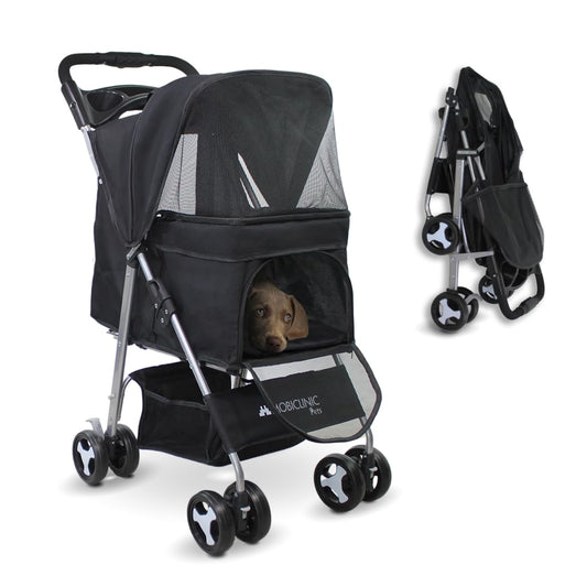 Mobiclinic® pets, Carrito para perros plegable, Ideal pequeños y senior, Zuma, Hasta 15 kg, Ruedas con frenos 360º, Cesta xxl, 3 ventanas cremallera mosquitera, Portavasos, Negro