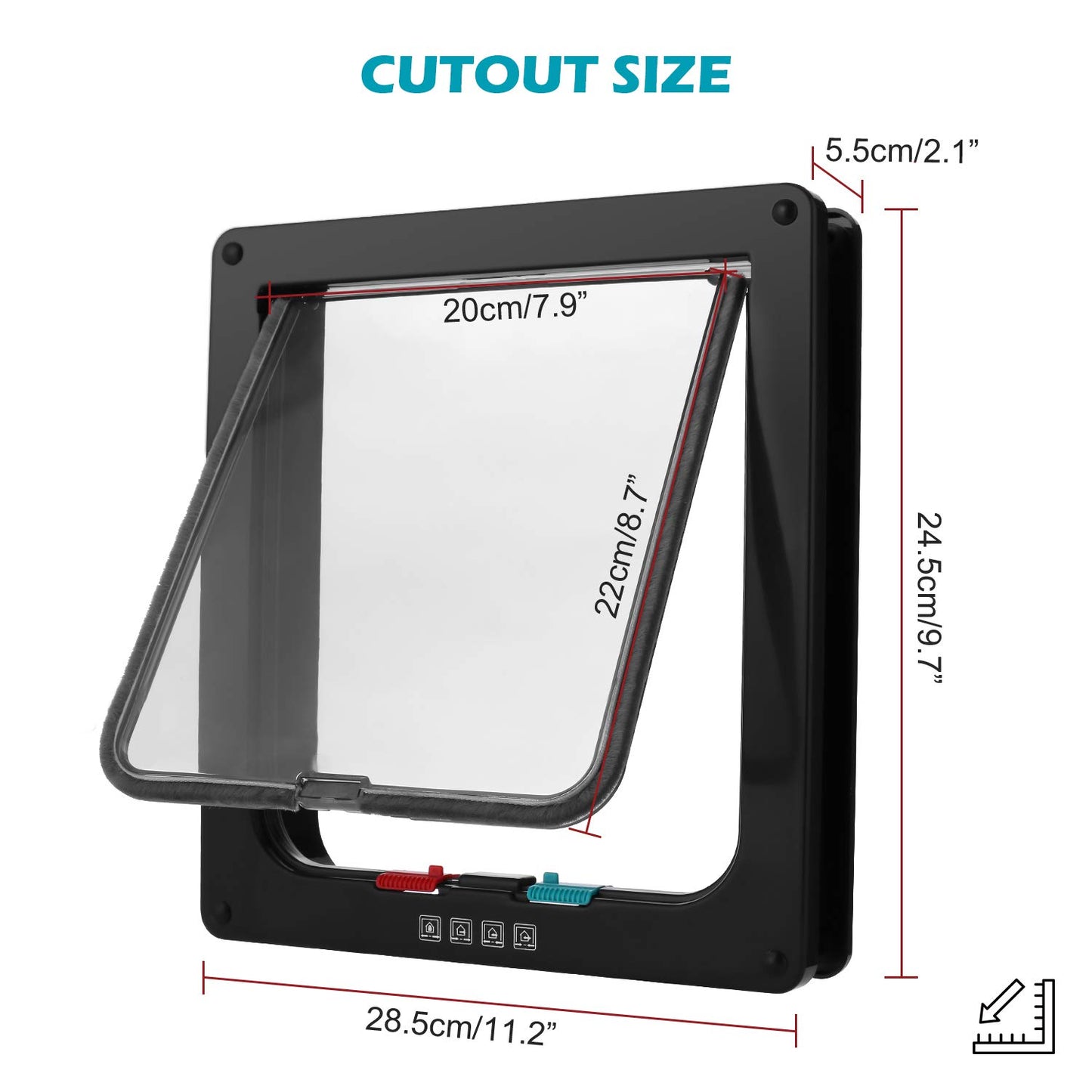 Puerta para Gatos Sailnovo 24,5 * 28,5 * 5,5cm, Negra, Talla XL, Puerta para Gatos con Cerradura de 4 vías para Puertas Interiores y Exteriores, Puerta para Mascotas Resistente a la Intemperie
