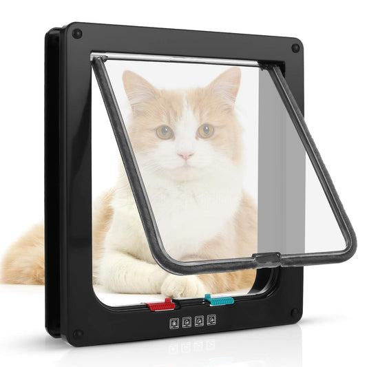 Puerta para Gatos Sailnovo 24,5 * 28,5 * 5,5cm, Negra, Talla XL, Puerta para Gatos con Cerradura de 4 vías para Puertas Interiores y Exteriores, Puerta para Mascotas Resistente a la Intemperie