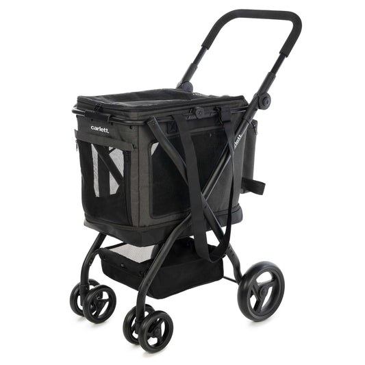 Carlett - Cube P Volcano | Carrito de Transporte 3 en 1 para Mascotas | Transportín con Ruedas | Freno de Seguridad | Impermeable | Combinable con Bolsa de Compra | Negro