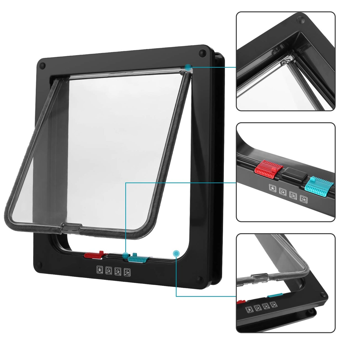 Puerta para Gatos Sailnovo 24,5 * 28,5 * 5,5cm, Negra, Talla XL, Puerta para Gatos con Cerradura de 4 vías para Puertas Interiores y Exteriores, Puerta para Mascotas Resistente a la Intemperie