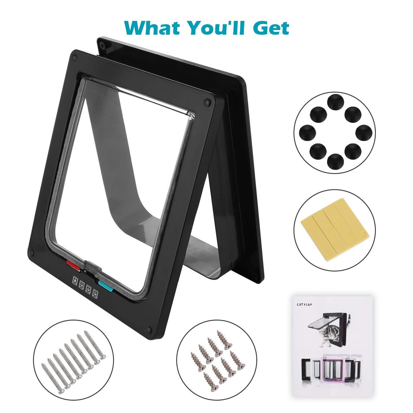 Puerta para Gatos Sailnovo 24,5 * 28,5 * 5,5cm, Negra, Talla XL, Puerta para Gatos con Cerradura de 4 vías para Puertas Interiores y Exteriores, Puerta para Mascotas Resistente a la Intemperie