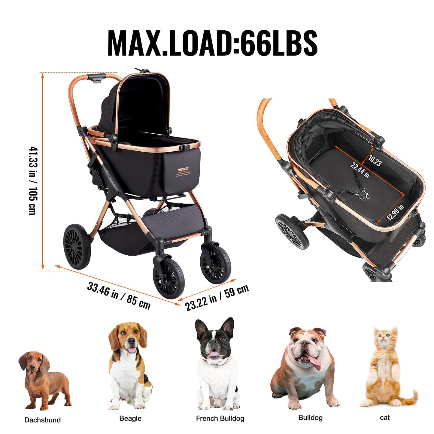 VEVOR Cochecito para Perros 4 Ruedas Giratorias con Freno Cochecito para Mascotas Carga 30 kg Cochecito para Gatos Soporte Extraíble Cesta de Almacenamiento Cojín para Perros Pequeños/Medianos, Negro