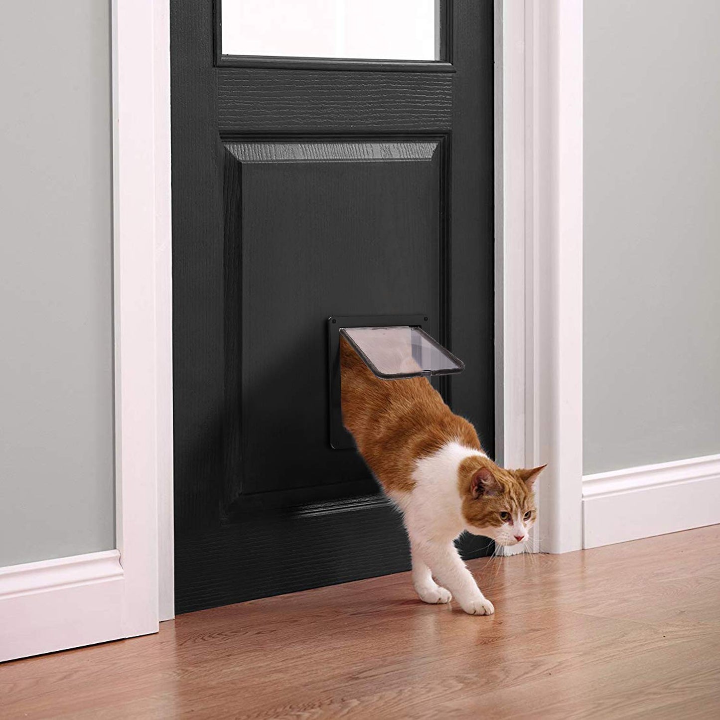 Puerta para Gatos Sailnovo 24,5 * 28,5 * 5,5cm, Negra, Talla XL, Puerta para Gatos con Cerradura de 4 vías para Puertas Interiores y Exteriores, Puerta para Mascotas Resistente a la Intemperie