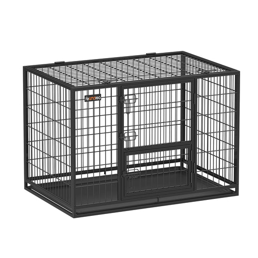 Feandrea Jaula Pesada para Perros, Jaula de Mascotas, 107 x 70 x 75 cm, para Perros Medios y Grandes, Antiescape, Doble Puerta Extraíble, Parque, XL, Negro PPD001B01